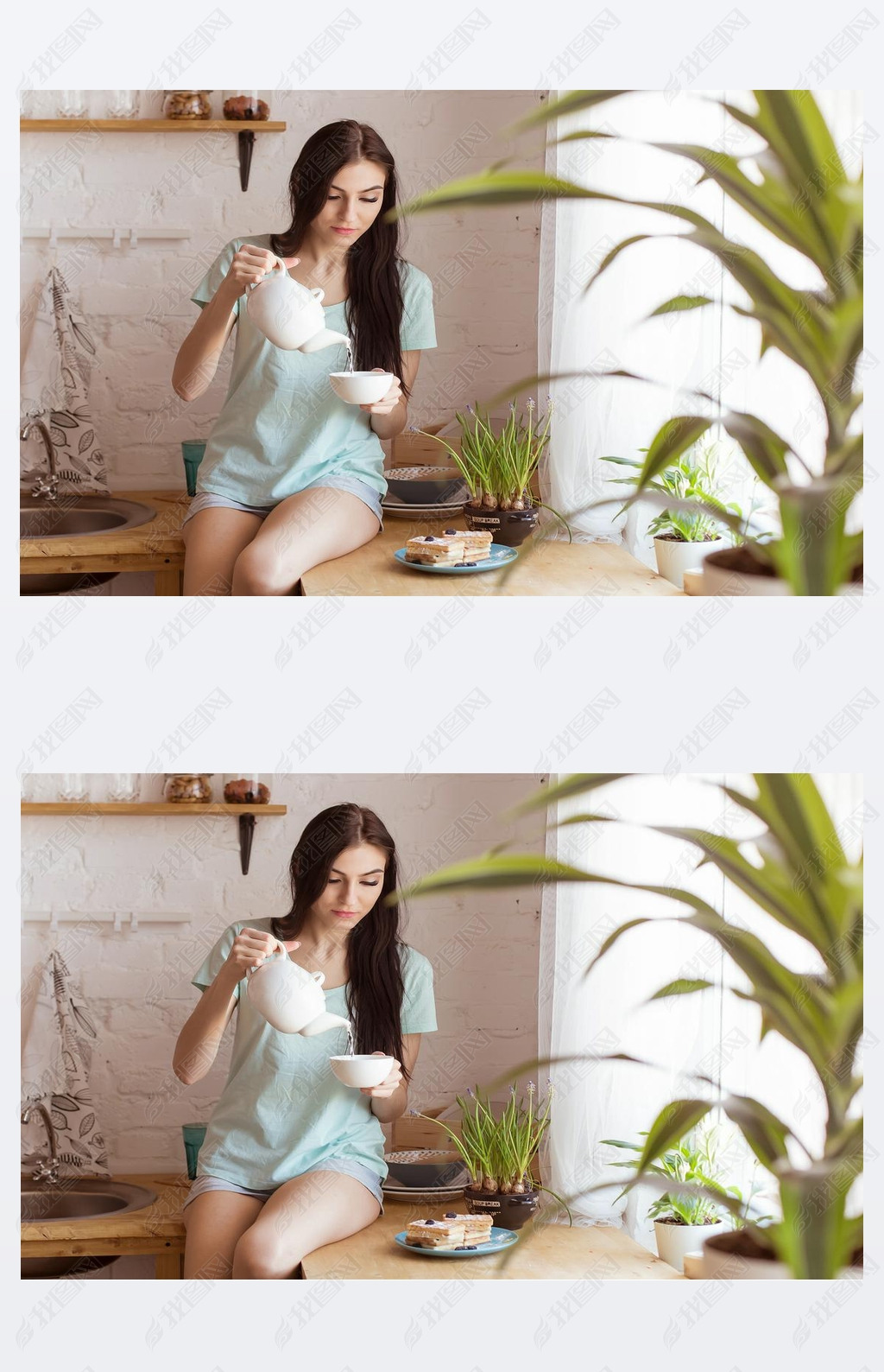 Beautiful brunette woman sitting in the kitchen, on the table, drinking tea and eating waffle, desse