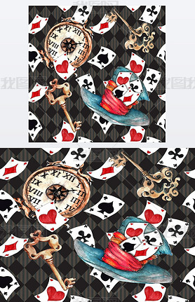  Alice in Wonderland cute watercolor objects set seamless pattern