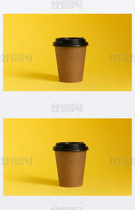 Kraft paper coffee cup on yellow background. Blank space for brand. Take-away coffee cup mockup.