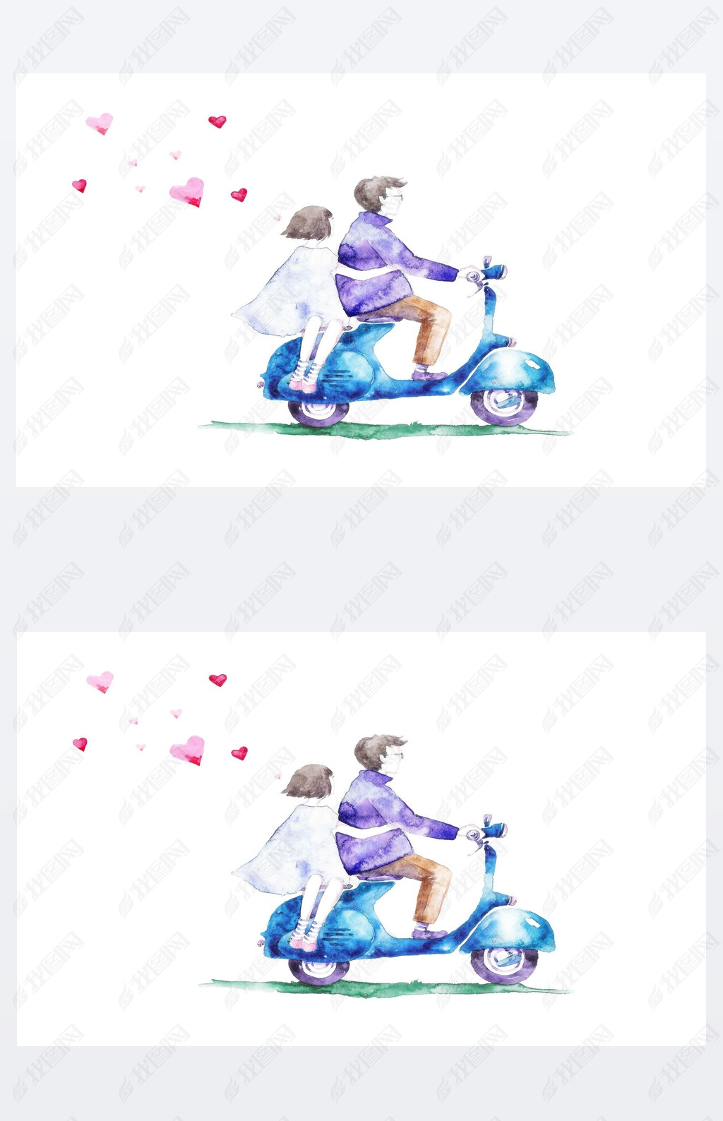 Lovers boy and a girl on a scooter. Love cards.