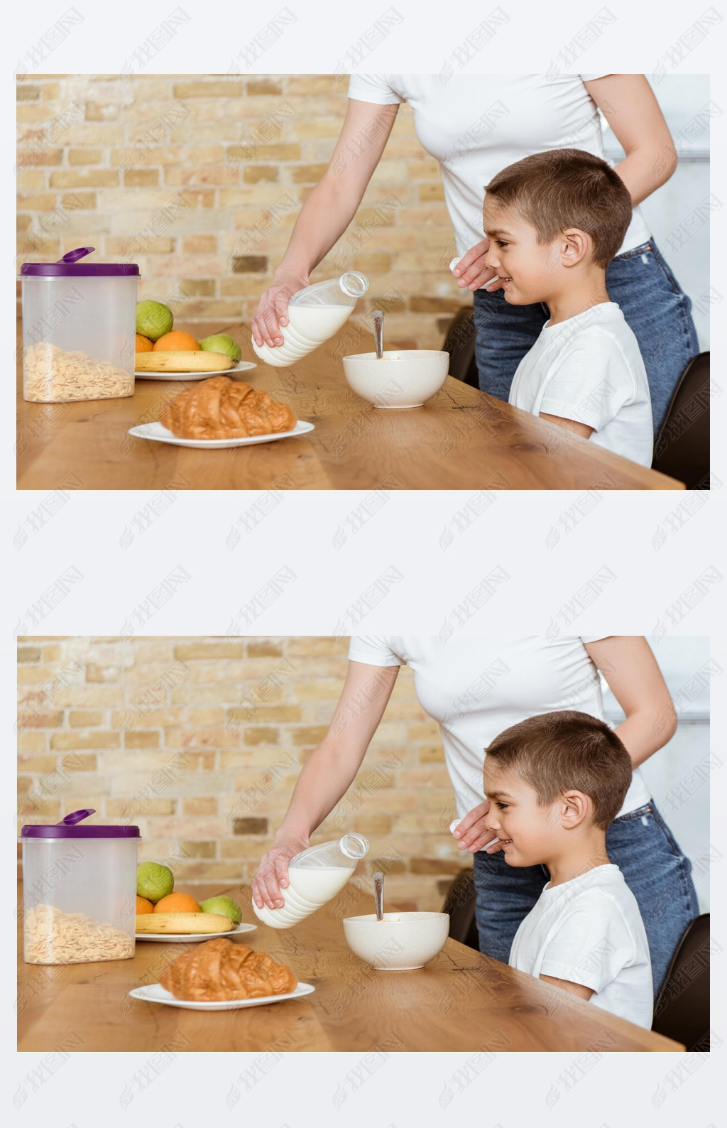 Mother pouring milk in bowl with cereals near iling son at kitchen table 