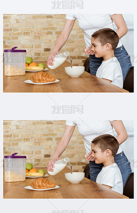 Mother pouring milk in bowl with cereals near iling son at kitchen table 