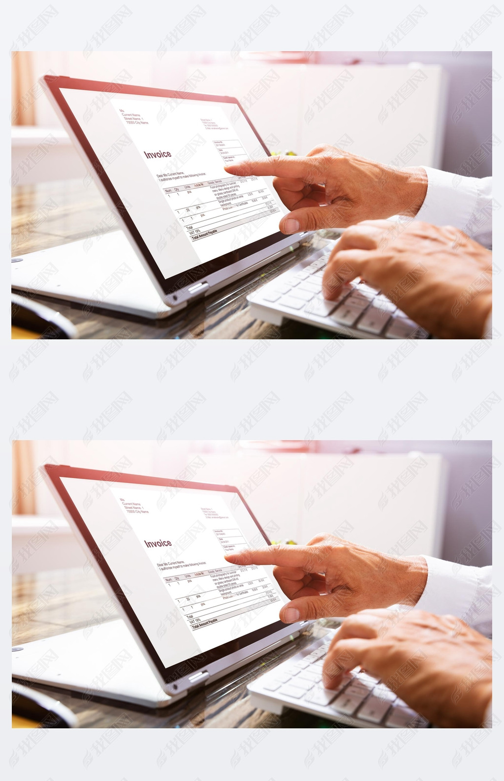 Close-up Of A Businessperson's Hand Analyzing Invoice On Laptop At Workplace