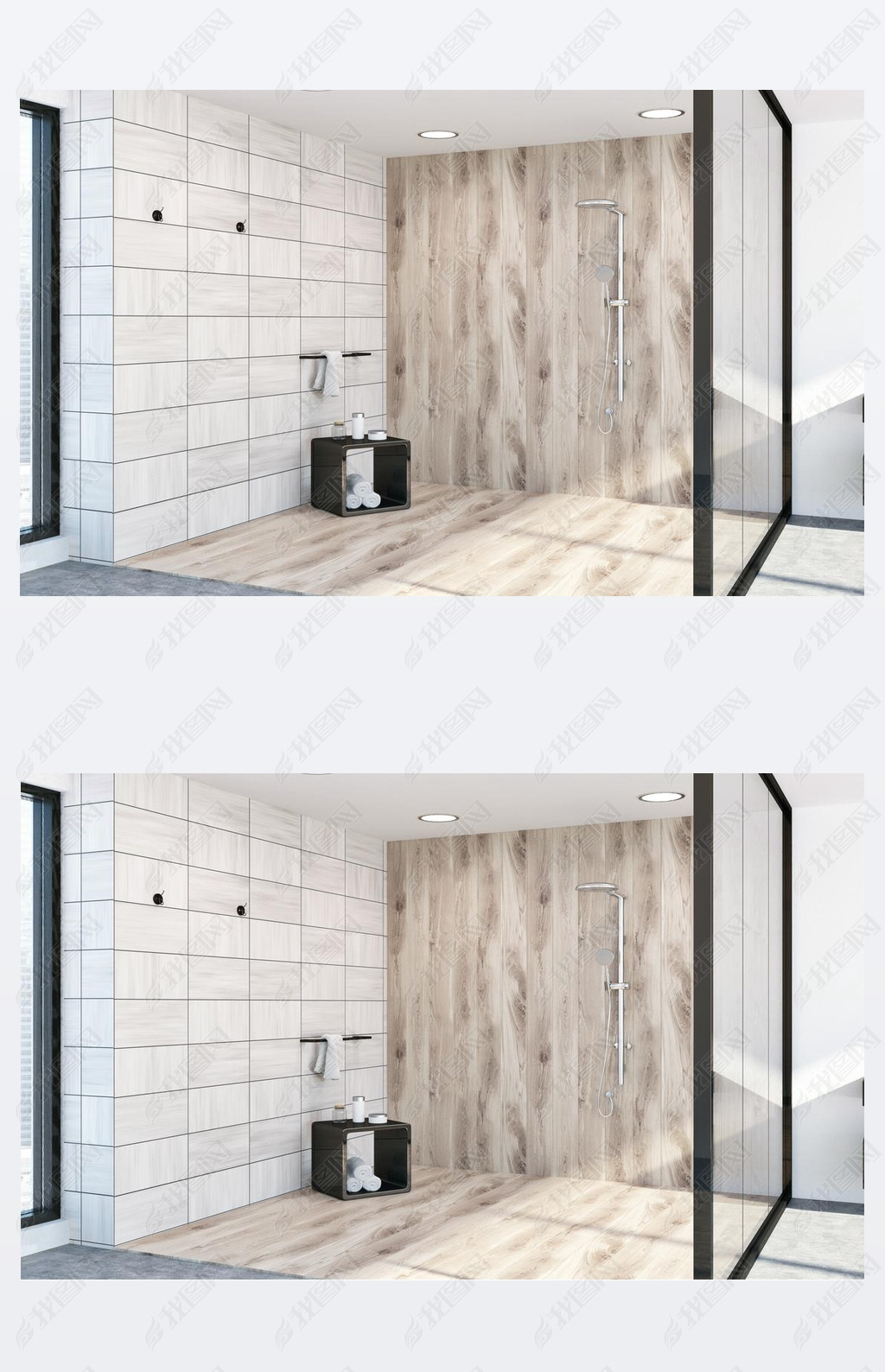 Wooden tiles bathroom corner, shower