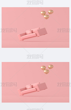 Abstract conceptual idea of pink sofa is floating up by gold balloons isolated on pink background, m