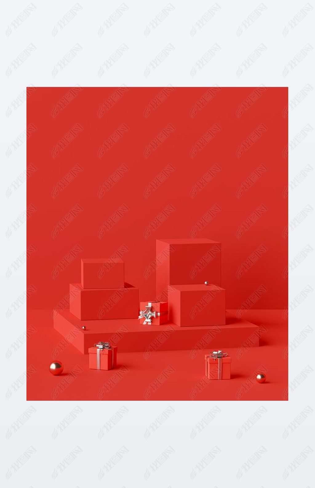 Scene of red color geometric shape podium with gifts for product advertisement, 3d rendering