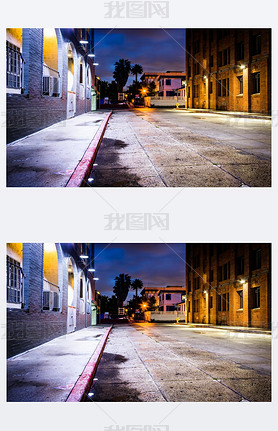 A dark street at night, in Venice Beach, Los Angeles, California