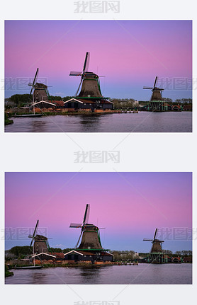 Windmills at Zaanse Schans in Holland in twilight after sunset.