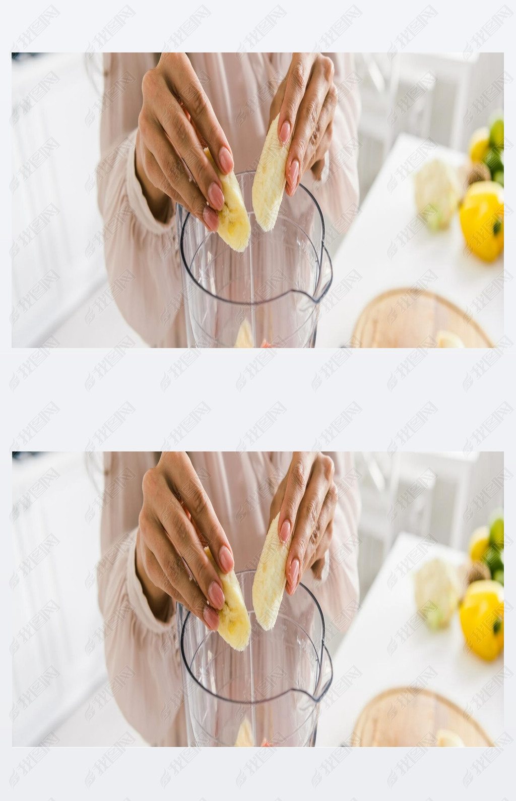 panoramic shot of woman putting sliced bananas into blender 