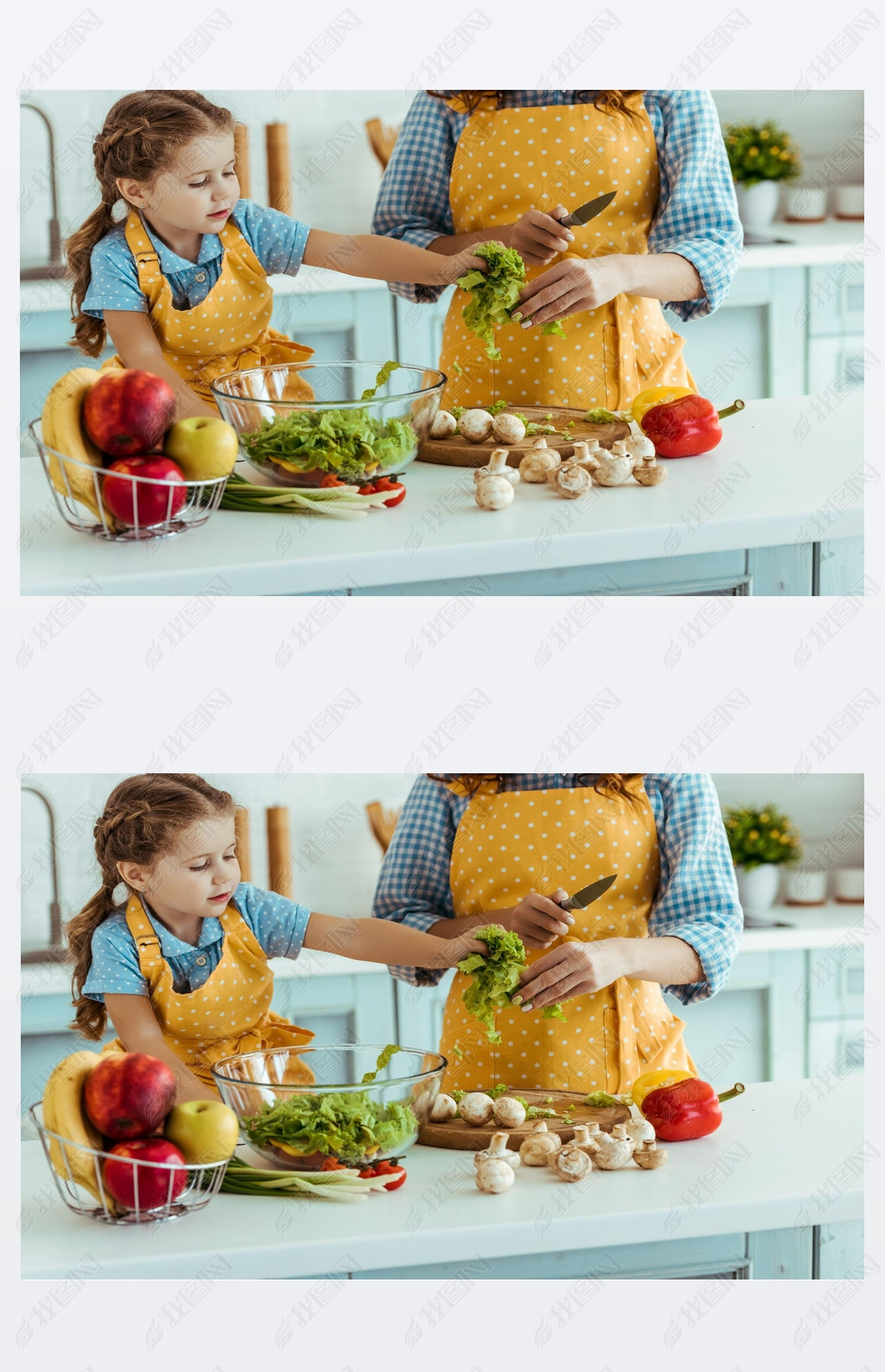 mother in polka dot yellow apron giving daughter sliced lettuce