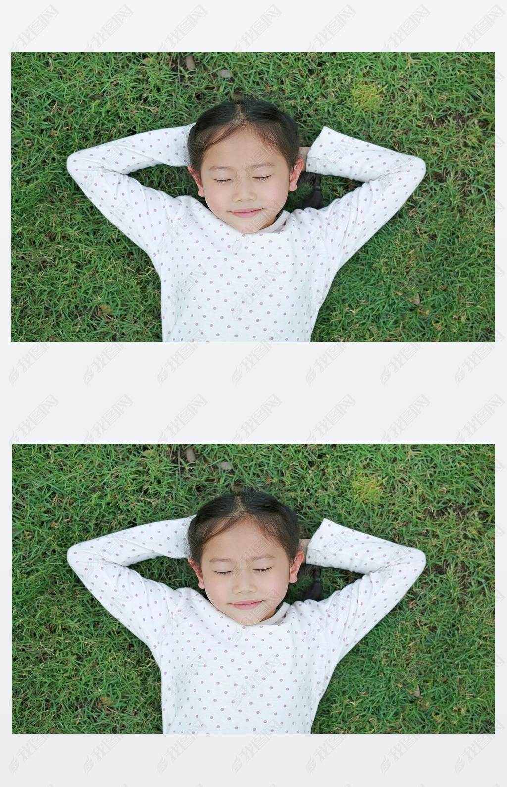 Close-up Asian little child girl iling with hands behind head and closed eyes resting on green gra