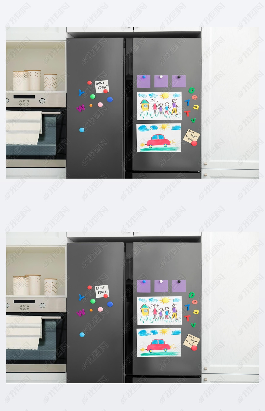 Modern refrigerator with child's drawings, notes and magnets in kitchen