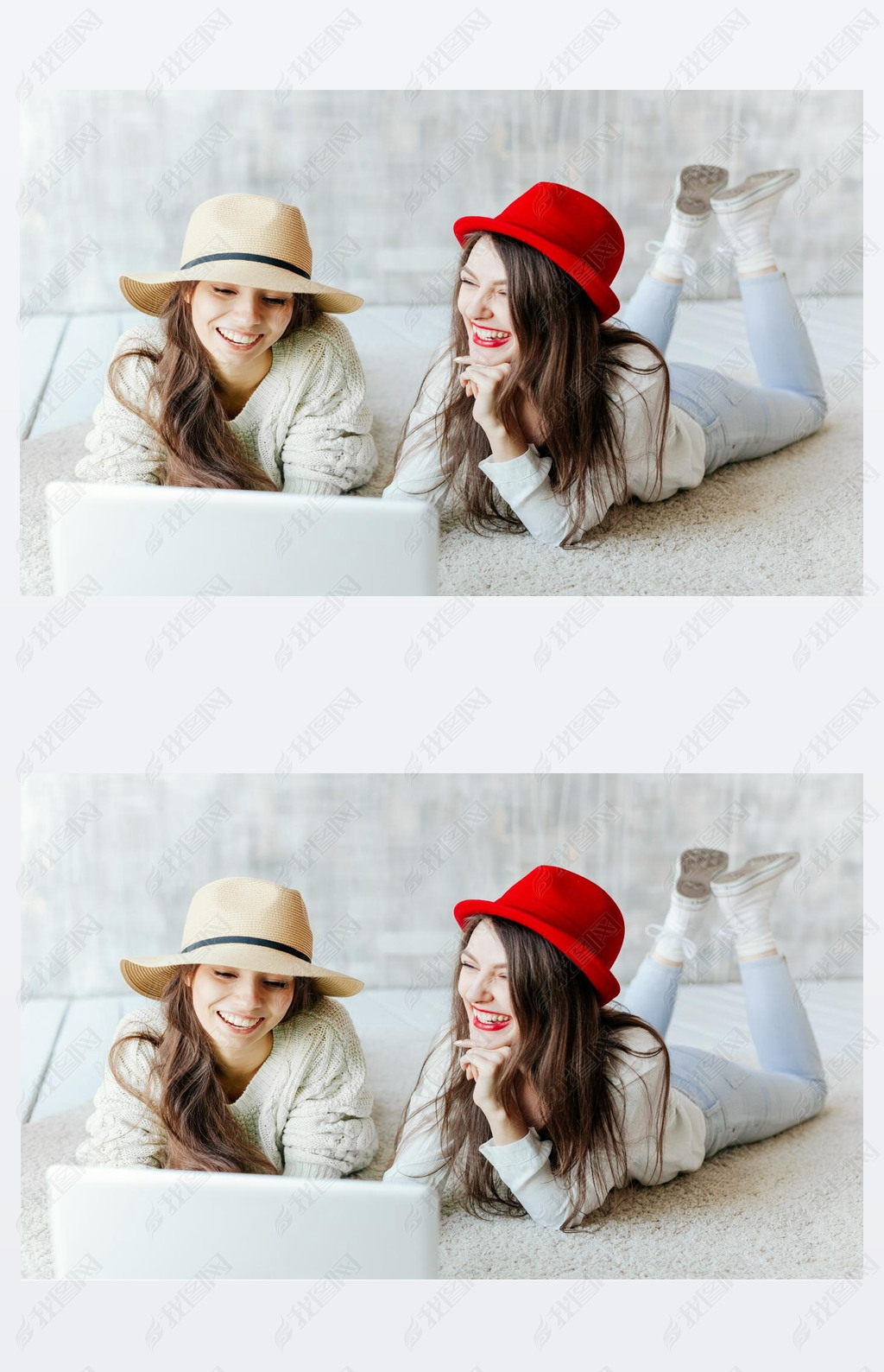 Best friends with laptop together sitting at cafes terrace