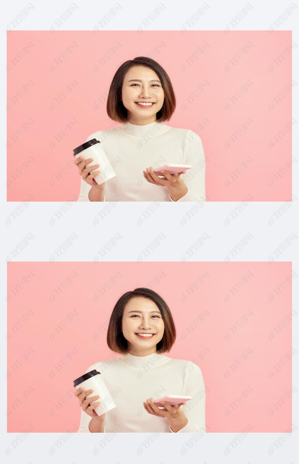 Close up portrait of young Asian woman holding coffee cup and artphone over pink background.