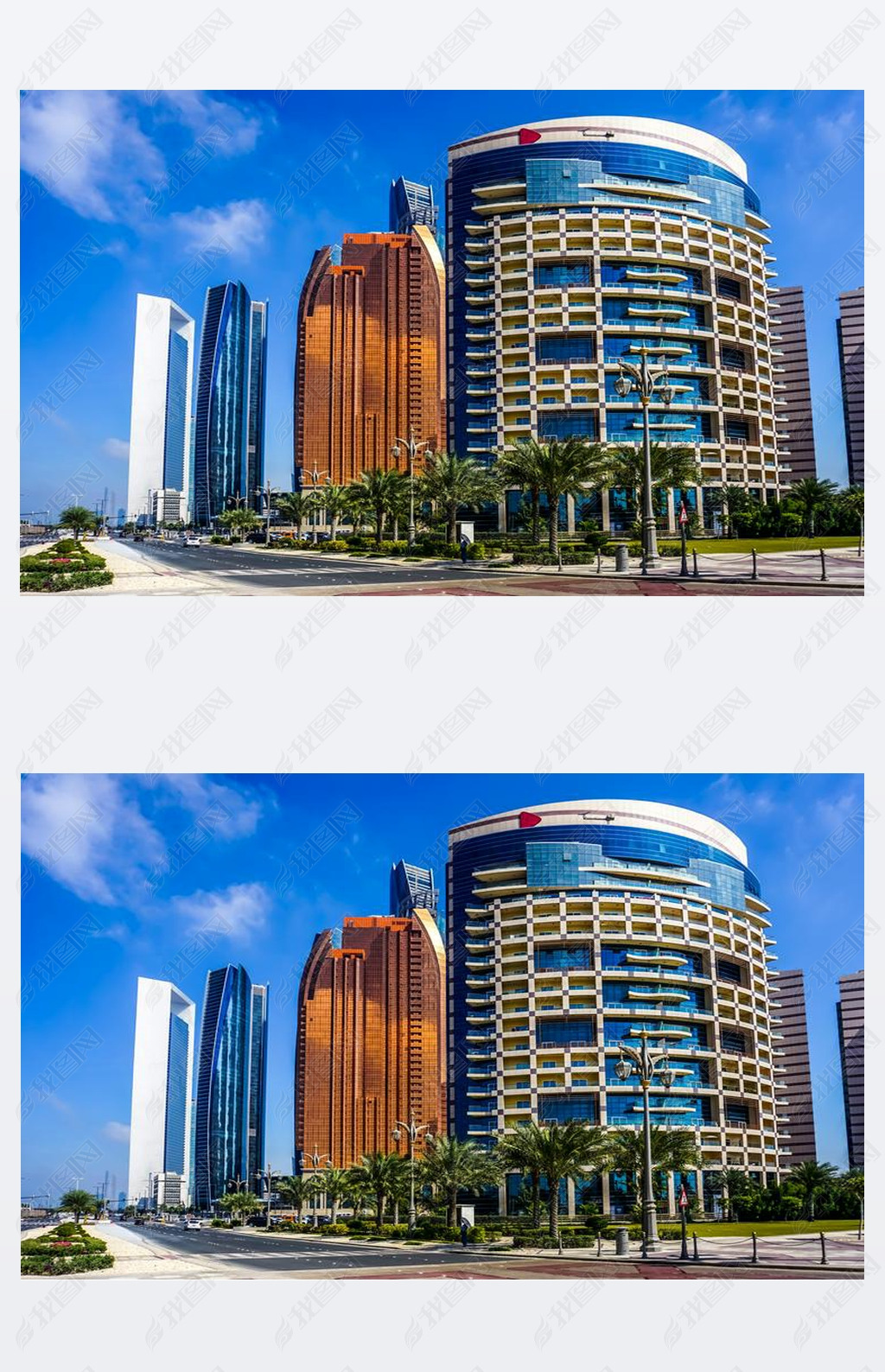 Abu Dhabi Picturesque Breathtaking Highrises with Blue Windows and Palm Trees