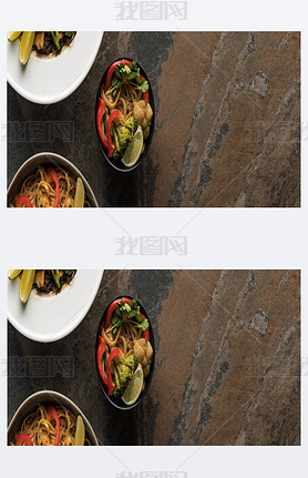 top view of thai noodles with vegetables near chopsticks, panoramic shot