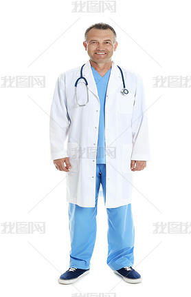 Full length portrait of experienced doctor in uniform on white background. Medical service