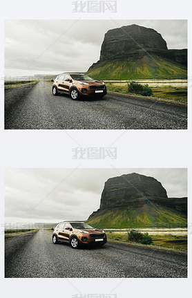 SUV car. Trel concept with big 4x4 sport and modern car in mountains. Iceland. Beautiful landscape