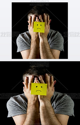 Young man suffering depression and stress alone with sad face post it note