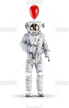 Astronaut with balloon / 3D illustration of space suit wearing male figure holding red plastic ballo