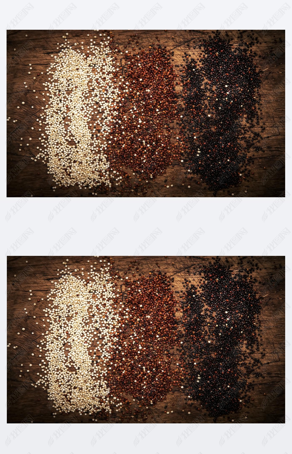 Quinoa set. Black, white and red raw quinoa grains in bowls, groats assorted, wooden rustic kitchen 