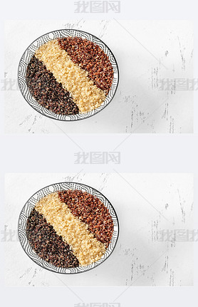 Bowl of white, red and black cooked quinoa