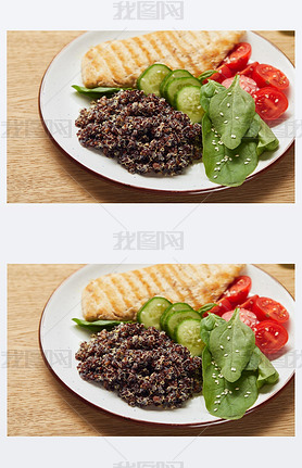 close up view of cooked quinoa with grilled chicken breast and vegetables on white plate