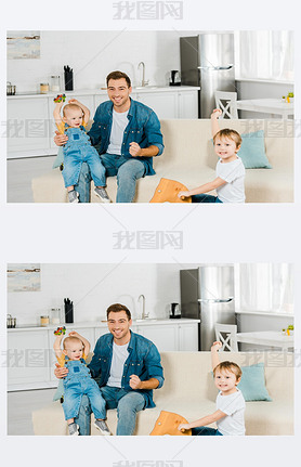 happy father looking at camera while spending time and playing with cheering preschooler and toddler