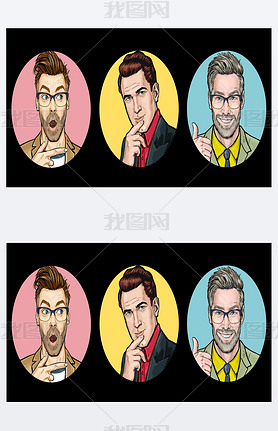 Surprised men on colored backgrounds.Amazed  happy men. Human emotions, facial expression concept. S