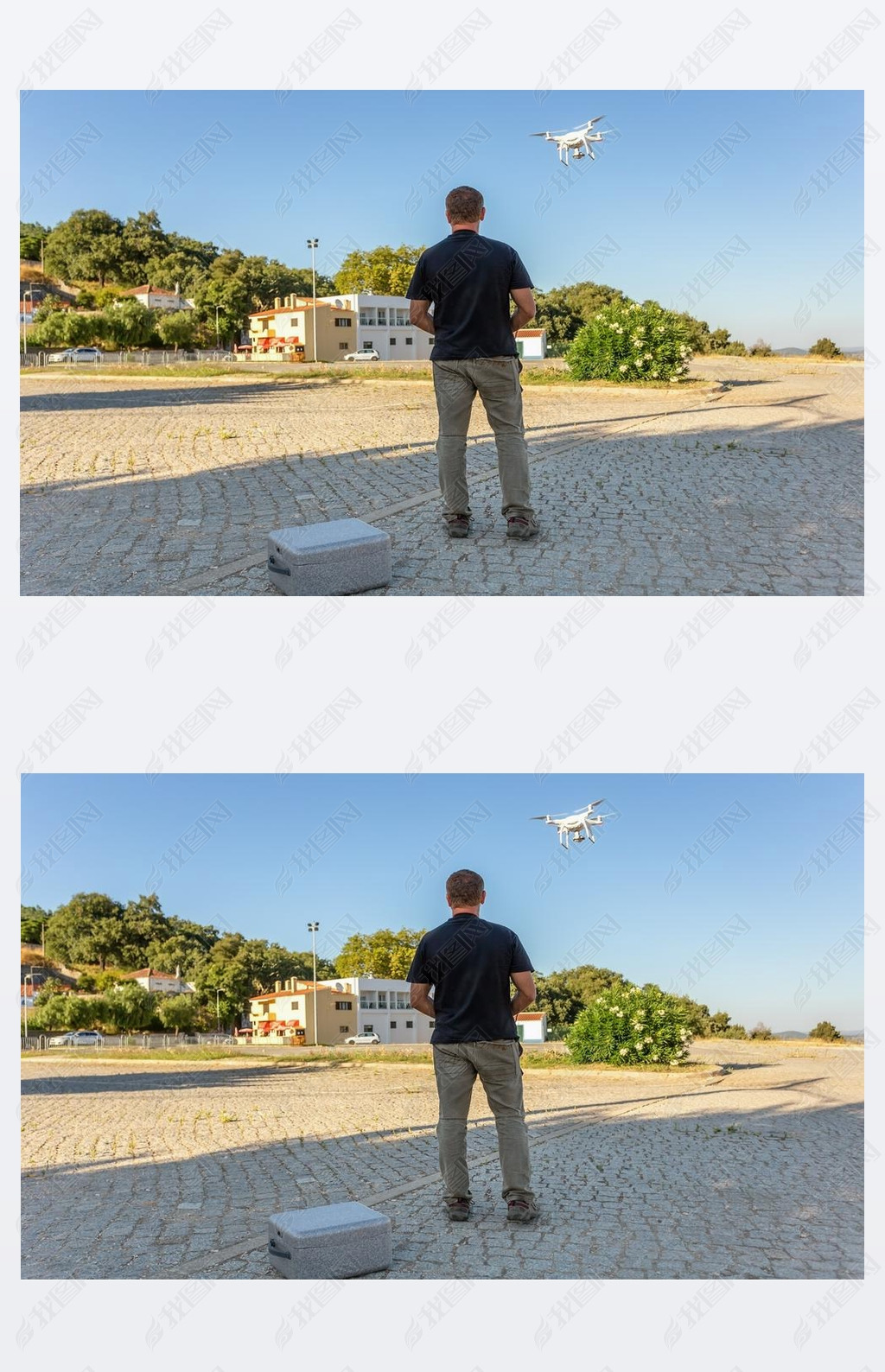 Man, an engineer pilot, a drone, prepares air device for take-off, for testing and filming a vileo a