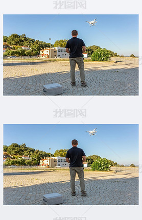 Man, an engineer pilot, a drone, prepares air device for take-off, for testing and filming a vileo a