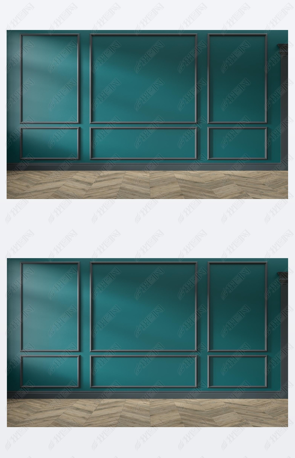 Modern classic green, turquoise color empty interior with wall panels, mouldings and wooden floor. 3