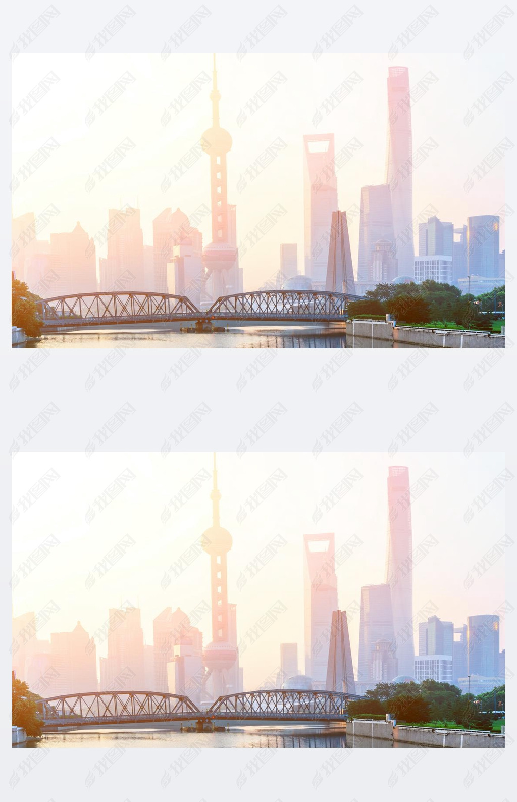 landmarks and a bridge of shanghai on the shore