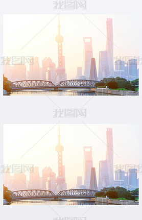 landmarks and a bridge of shanghai on the shore