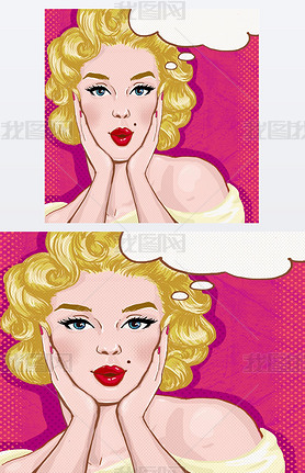 Pop Art illustration of blond girl with the speech bubble.Pop Art girl.