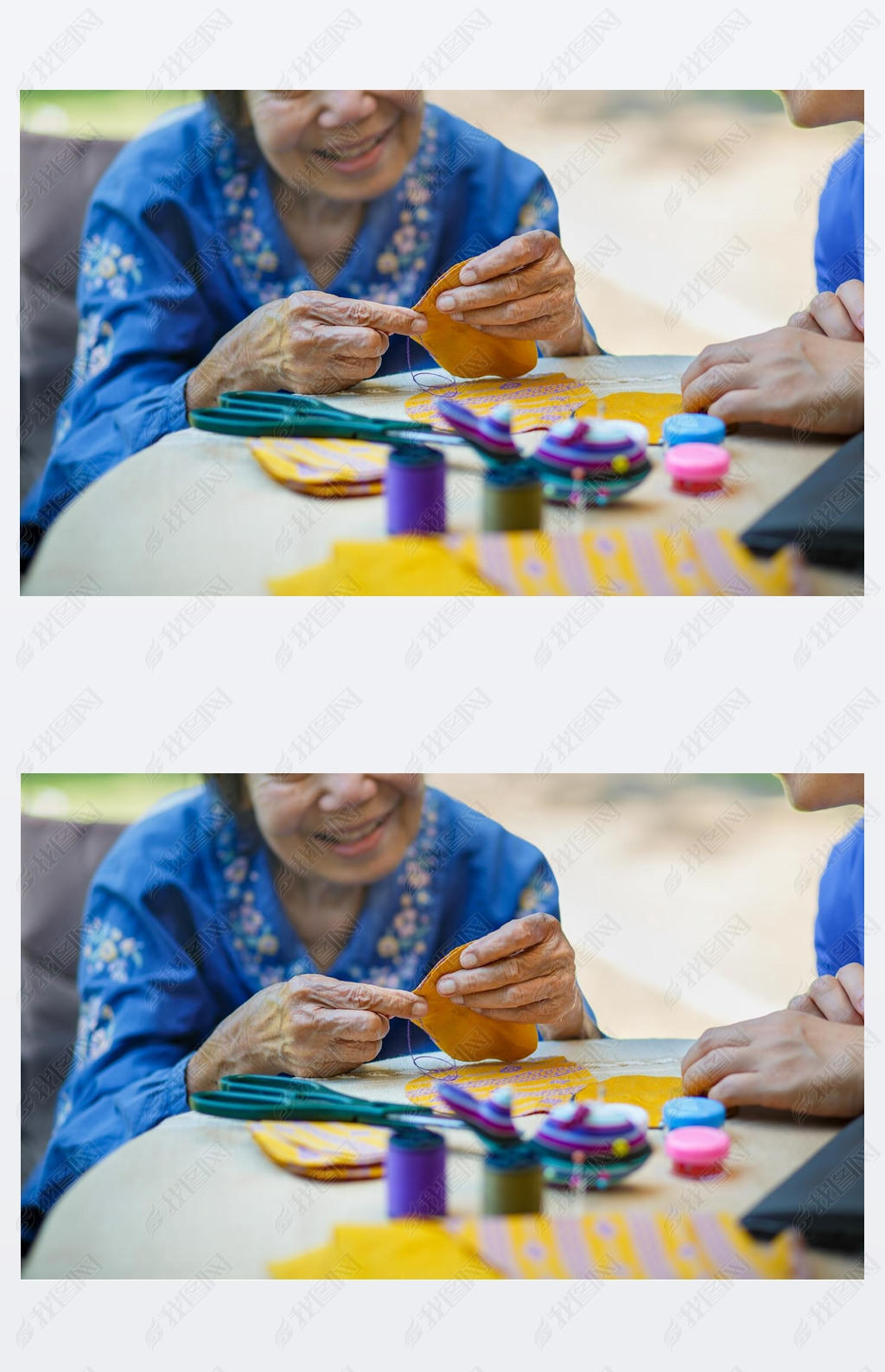 Elderly woman with caregiver in the needle crafts occupational therapy for Alzheimers or dementia