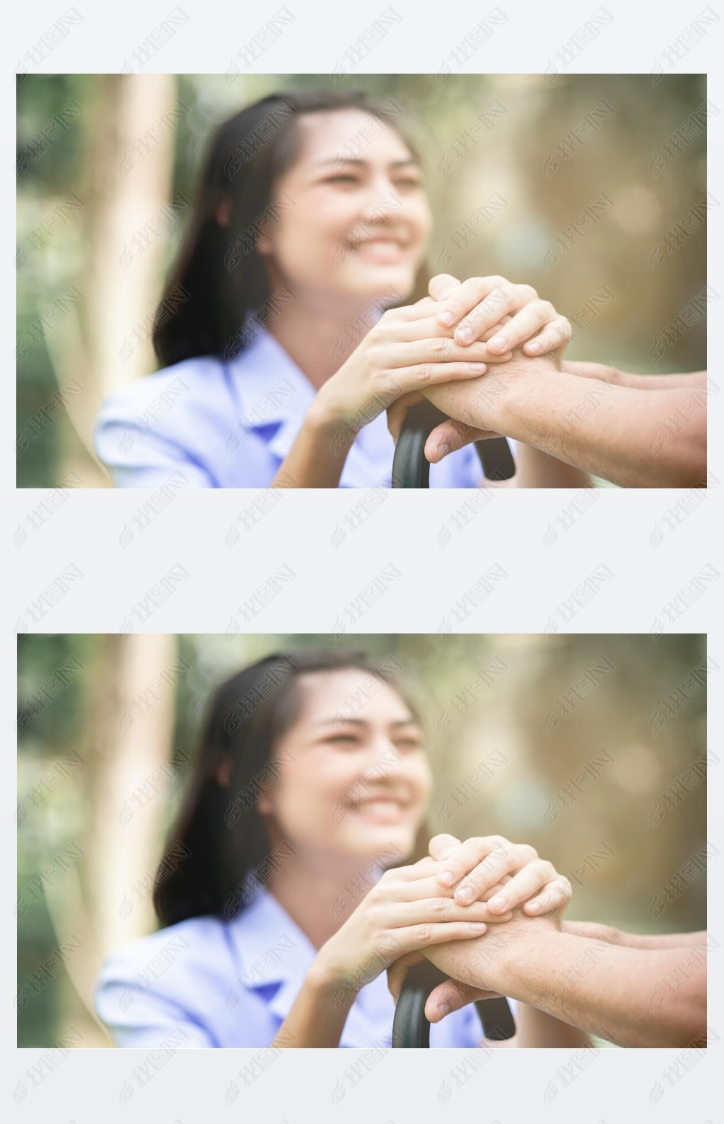 Comforting hand. Young nurse holding old man's hand in outdoor garden sitting on bench. Senior care,