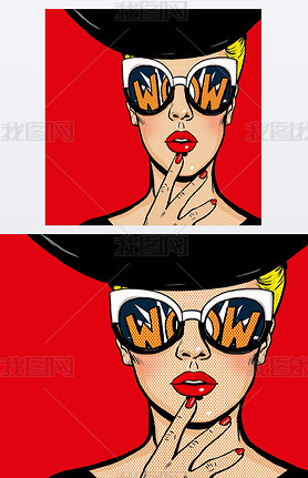 Pop art thinking woman in black hat in glasses.Wow female face.Saxy amazed yong girl with open mouth