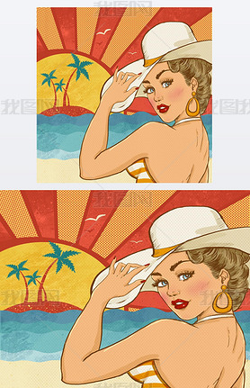 Comic illustration of girl on the beach. Pop Art girl. Party invitation. Hollywood movie star.Vinta