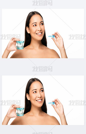 naked iling asian woman holding jaw model and mouth guard isolated on white