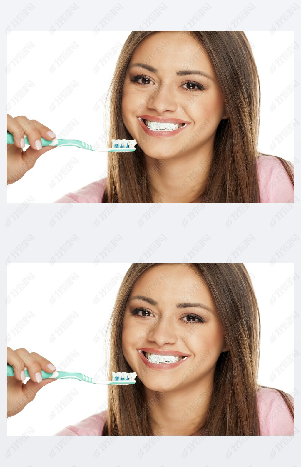 young woman brushing her teeth tooth brush on white background