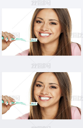 young woman brushing her teeth tooth brush on white background