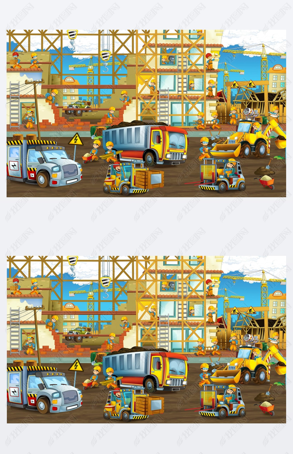 cartoon scene with workers on construction site - builders doing different things - illustration for