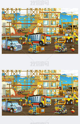 cartoon scene with workers on construction site - builders doing different things - illustration for