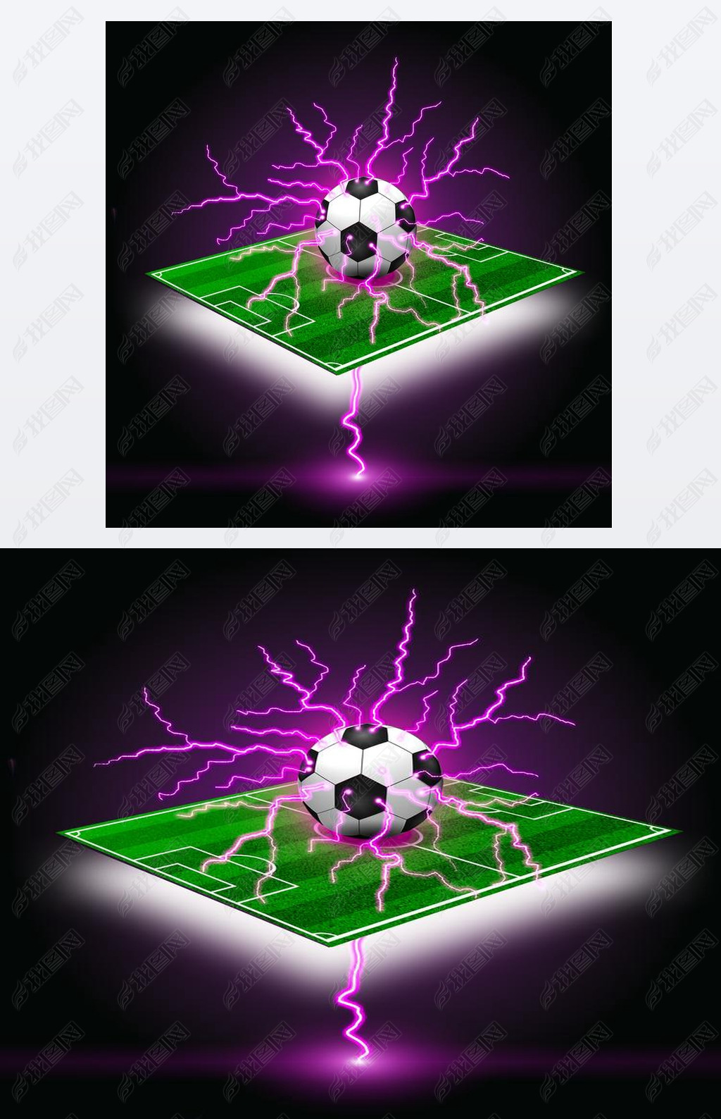 Soccer ball on the green field and lightning