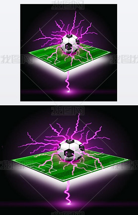 Soccer ball on the green field and lightning