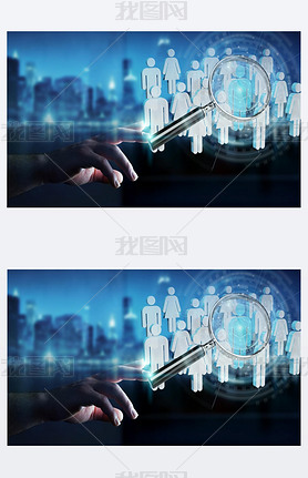 Businesan on blurred using magnifying glass to recruit people 3D rendering