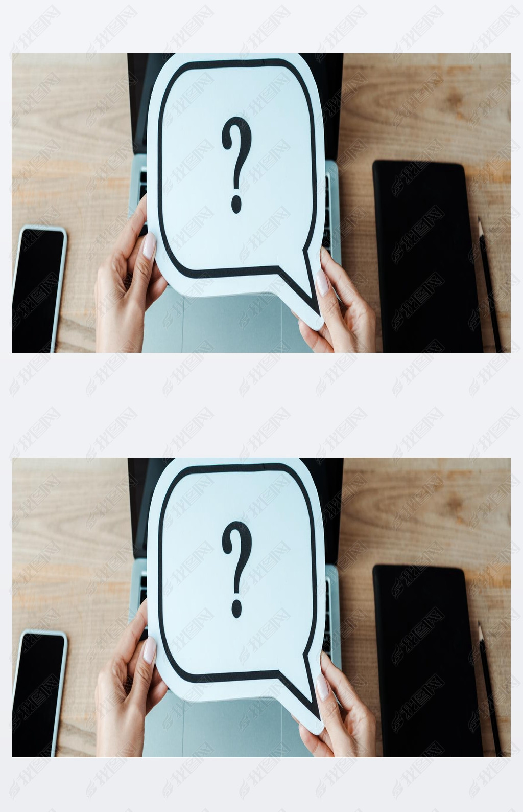 panoramic shot of woman holding speech bubble with question mark near laptop with blank screen 