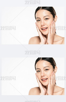 Beautiful Young asian Woman touching her clean face with fresh Healthy Skin, isolated on white backg