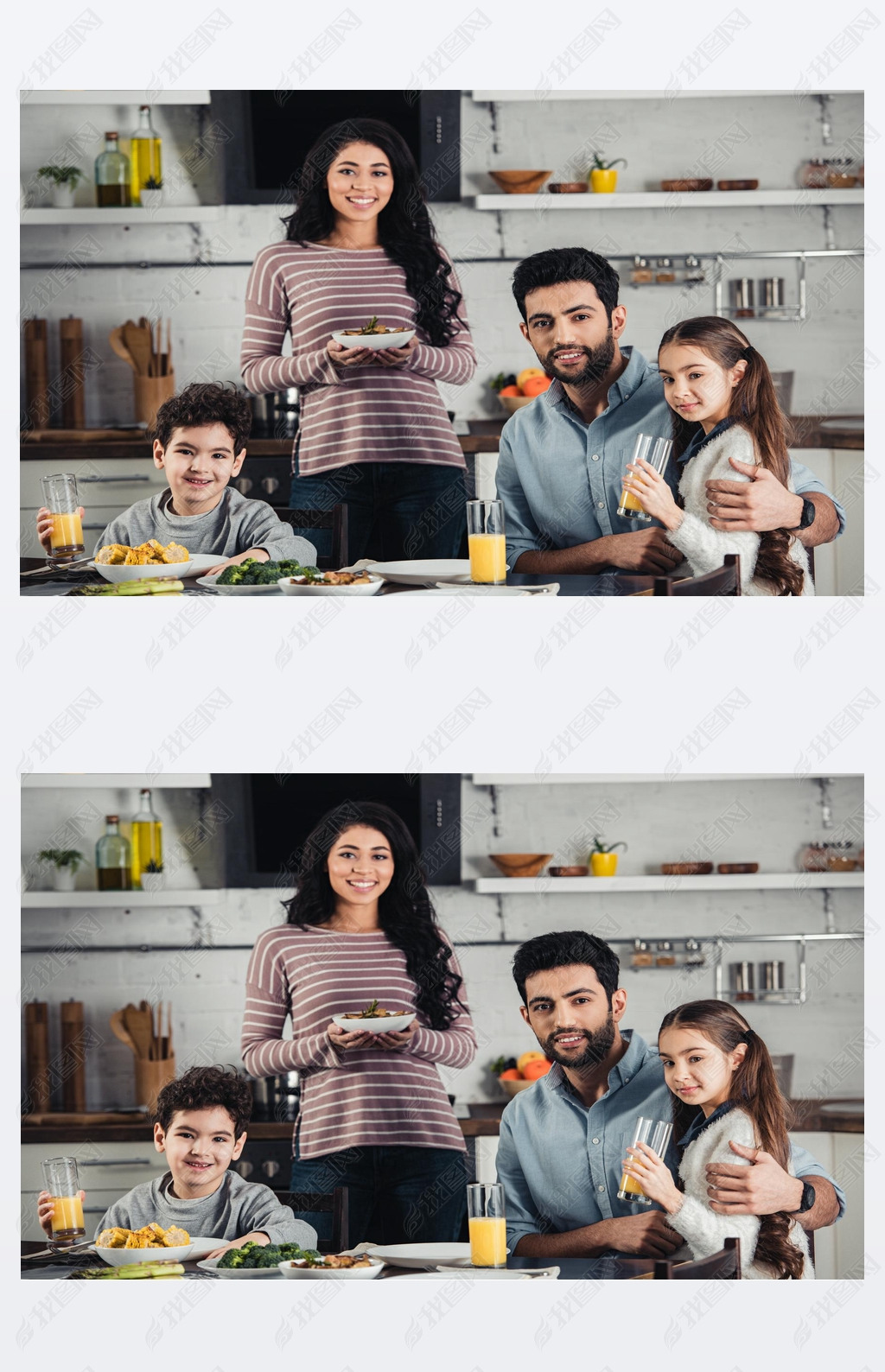 cheerful latin mother holding plate with food near cute son, husband and daughter during lunch